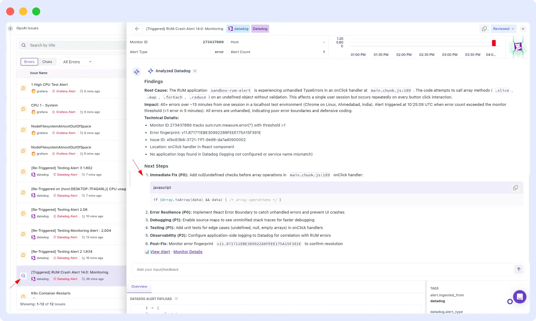 Middleware OpsAI identifying a RUM application crash root cause as unhandled TypeErrors in a React onClick handler at main.chunk.js:189, with a prioritized code fix and remediation steps
