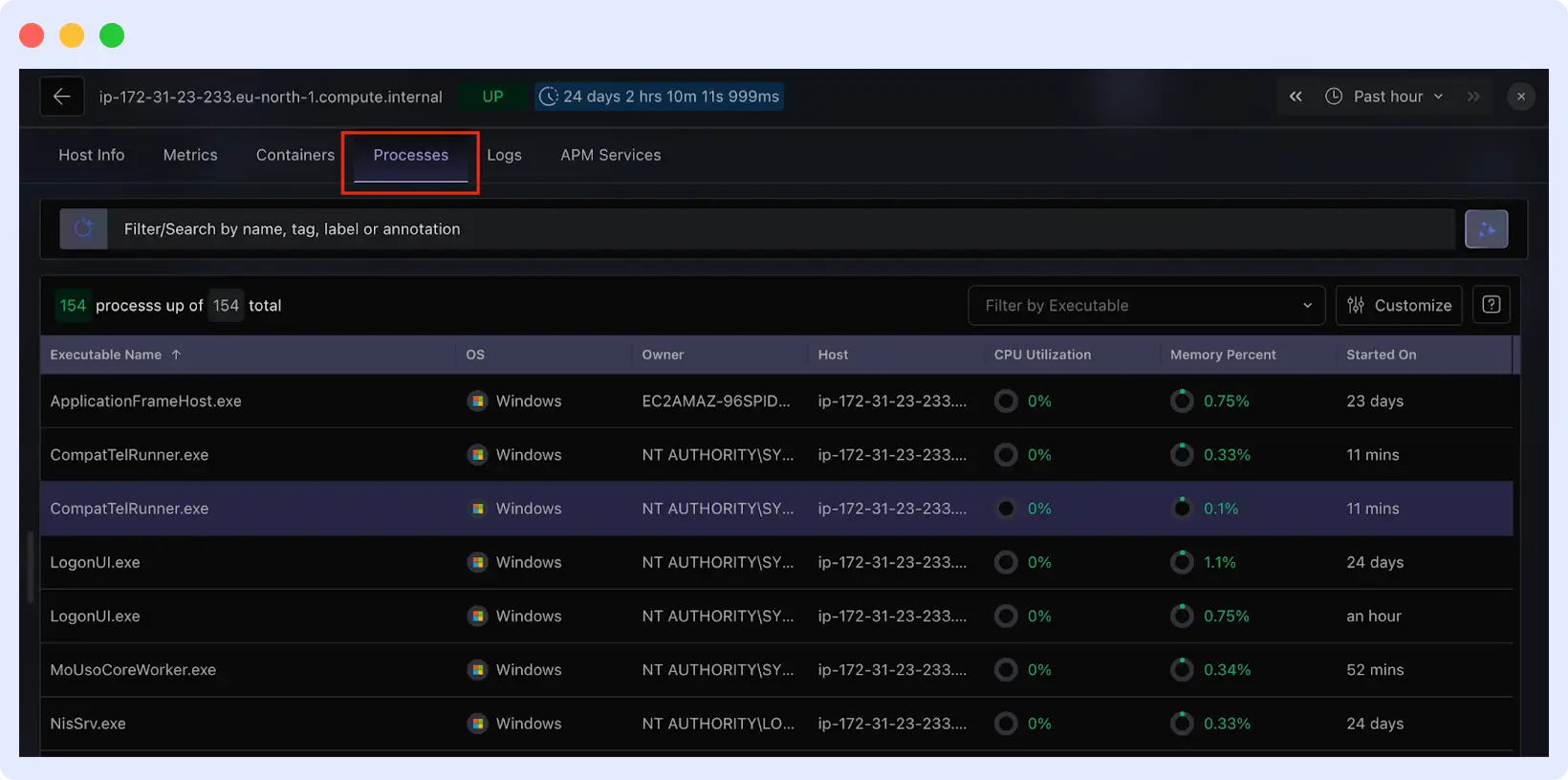 Processes tab showing per-process CPU and memory usage, sorted to identify high resource-consuming processes with full command-line details visible in Middleware