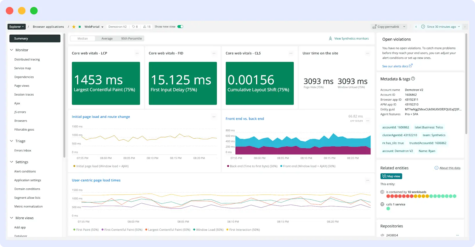New Relic RUM interface showing Core Web Vitals, session replay, and frontend-backend correlation