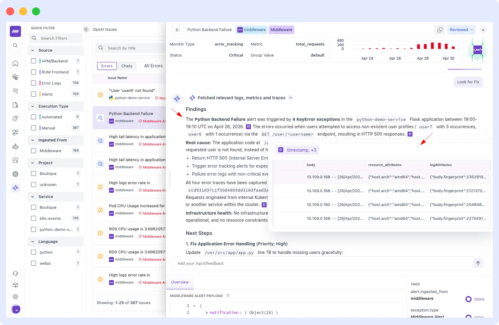 OpsAI agentic steps searching python-demo-service repository, reviewing flask/app.py and creating pull request on GitHub