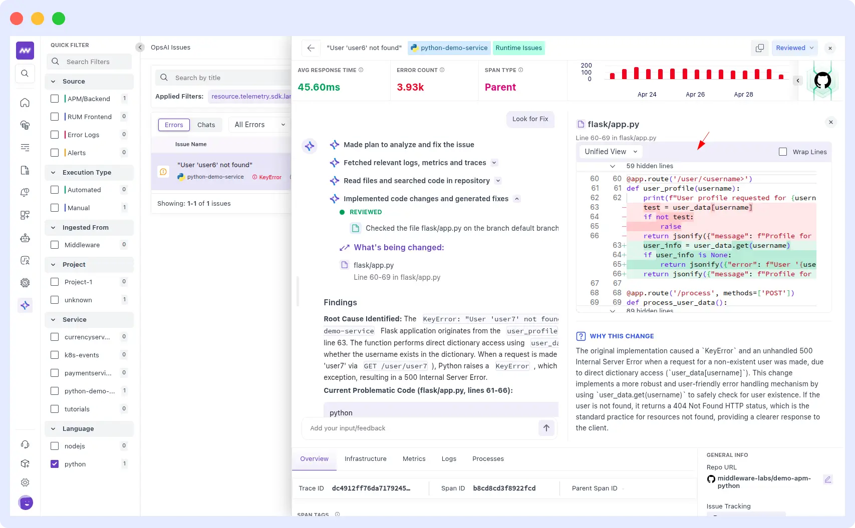 OpsAI findings panel showing root cause of Python Backend Failure alert