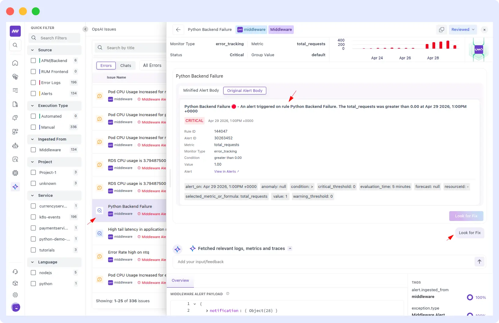 Raw Middleware alert payload for Python Backend Failure ingested by OpsAI showing Rule ID, firing conditions and evaluation window
