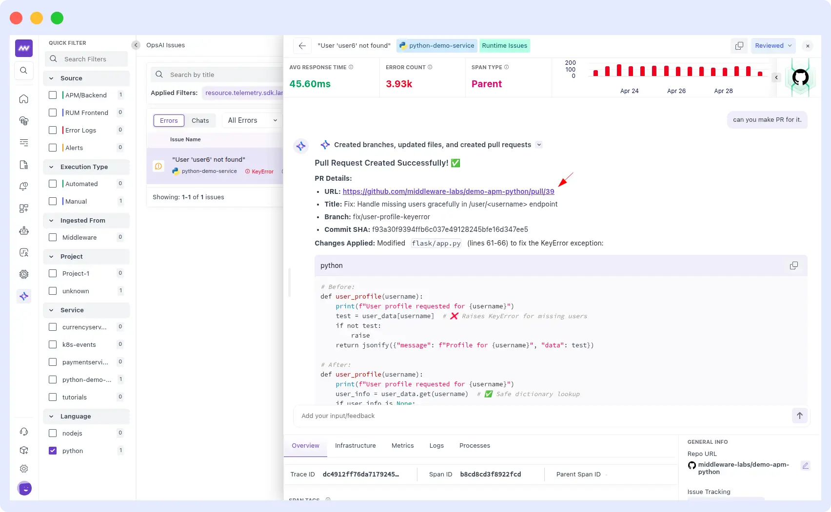 OpsAI auto-generates GitHub PR #39 fixing KeyError in Python demo service flask/app.py