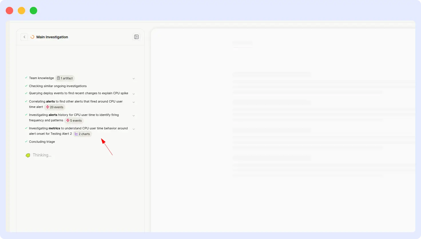 Resolve AI CPU threshold alert investigation panel still showing Thinking status with multiple in-progress investigation steps and no output produced
