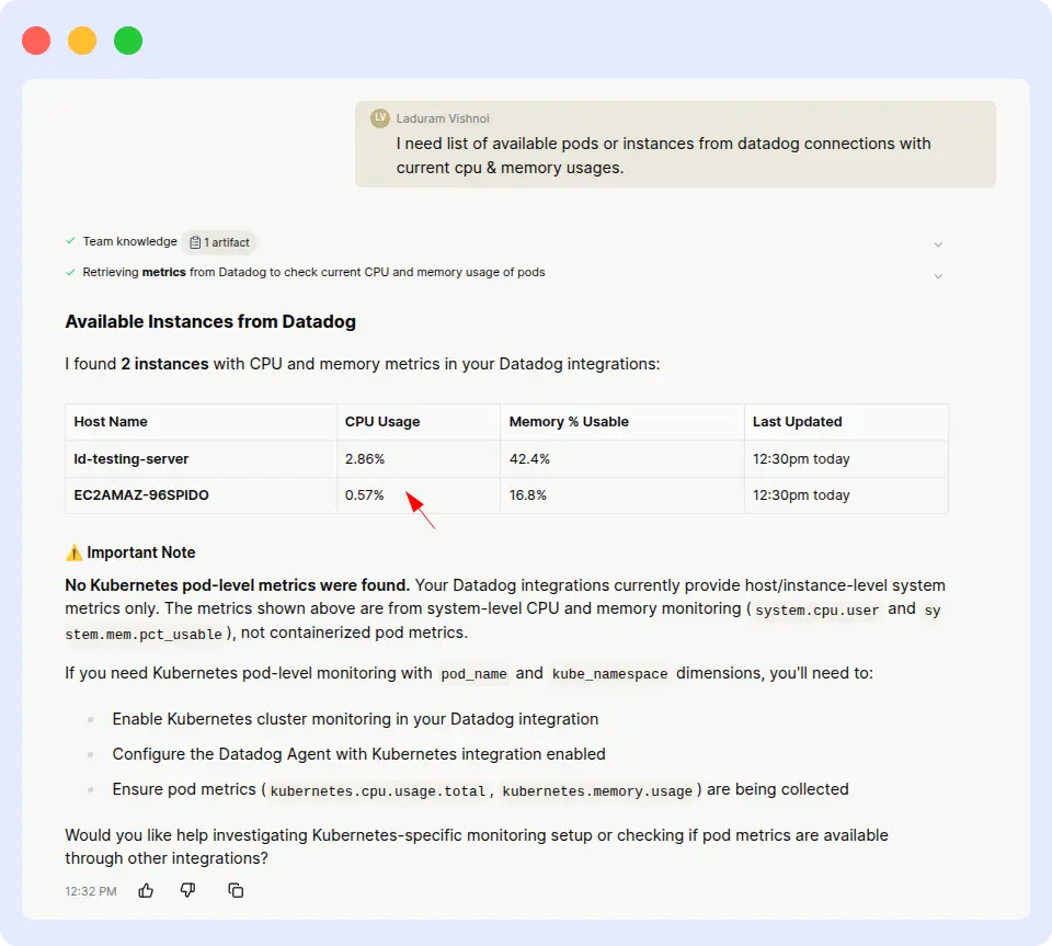 Resolve AI returning inaccurate Datadog CPU readings with a warning that no Kubernetes pod-level metrics were found, only host-level system metrics
