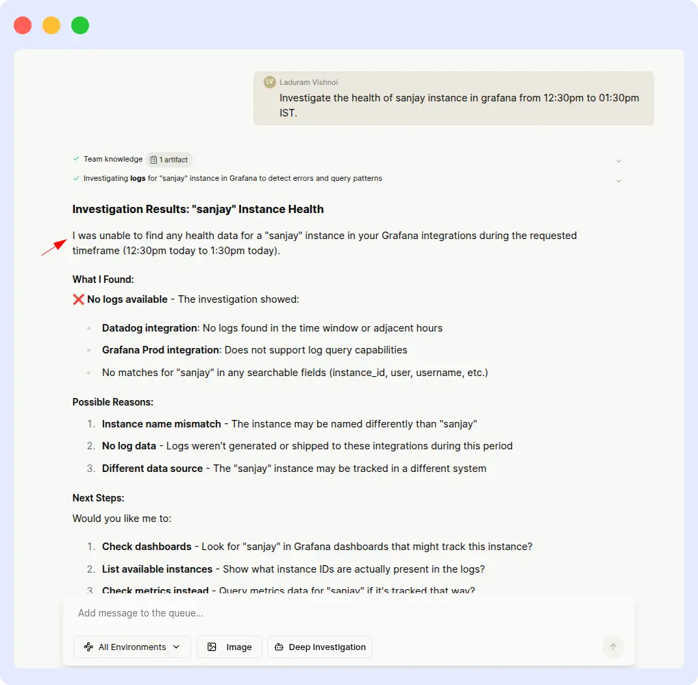 Resolve AI failing to find health data for the sanjay Grafana instance on the first attempt, reporting no logs available and offering three follow-up questions
