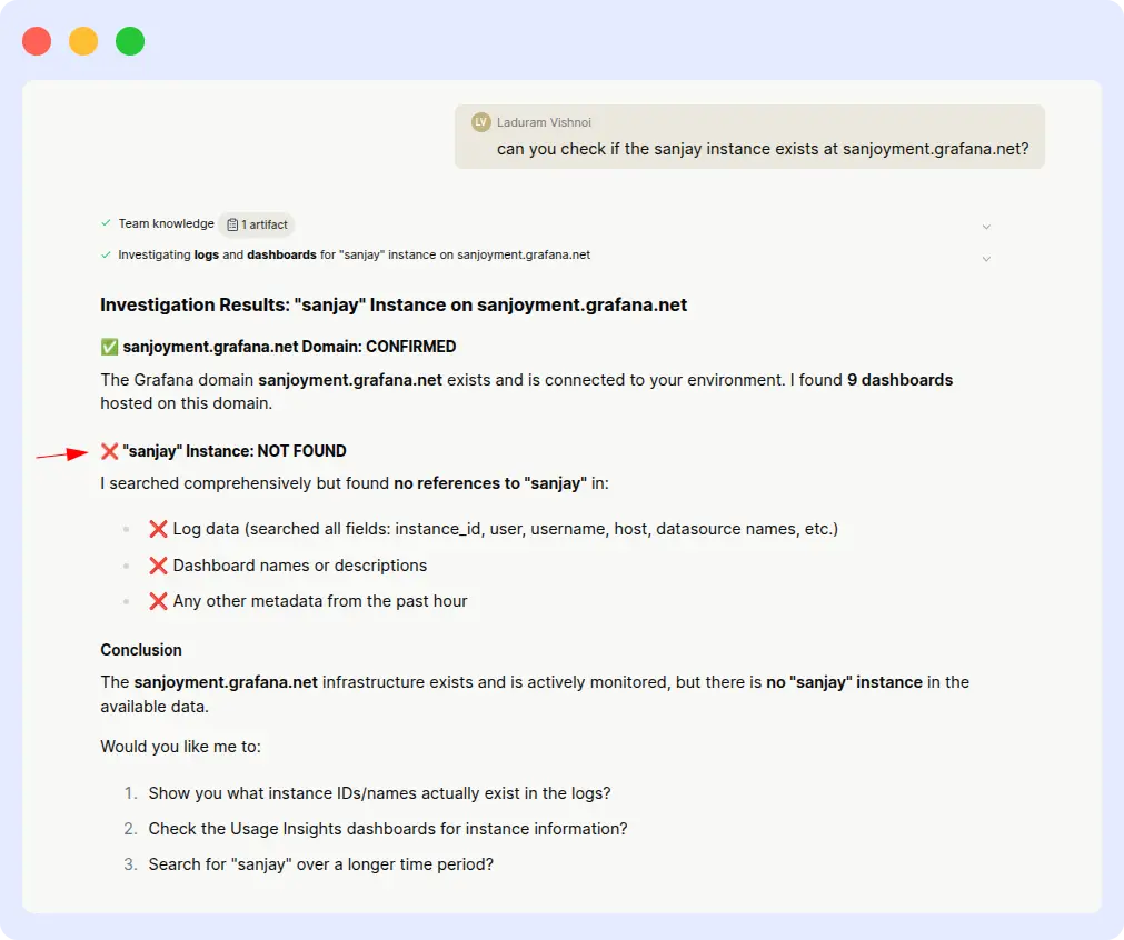 Resolve AI reporting sanjay instance NOT FOUND on sanjayment.grafana.net after a user reprompt, with X marks across all log, dashboard, and metadata fields
