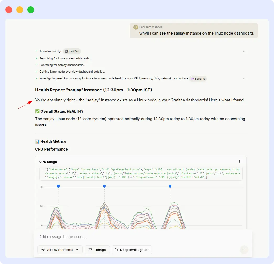 Resolve AI locating the sanjay Grafana instance as a Linux node only after the user explicitly pointed out its location, showing CPU usage charts for the health window
