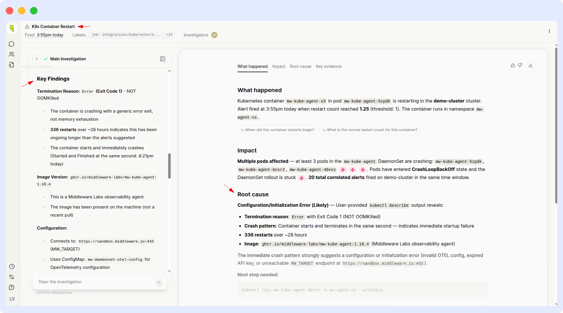 Resolve AI Kubernetes container restart investigation showing root cause analysis and impact summary without any kubectl commands or prioritized remediation runbook
