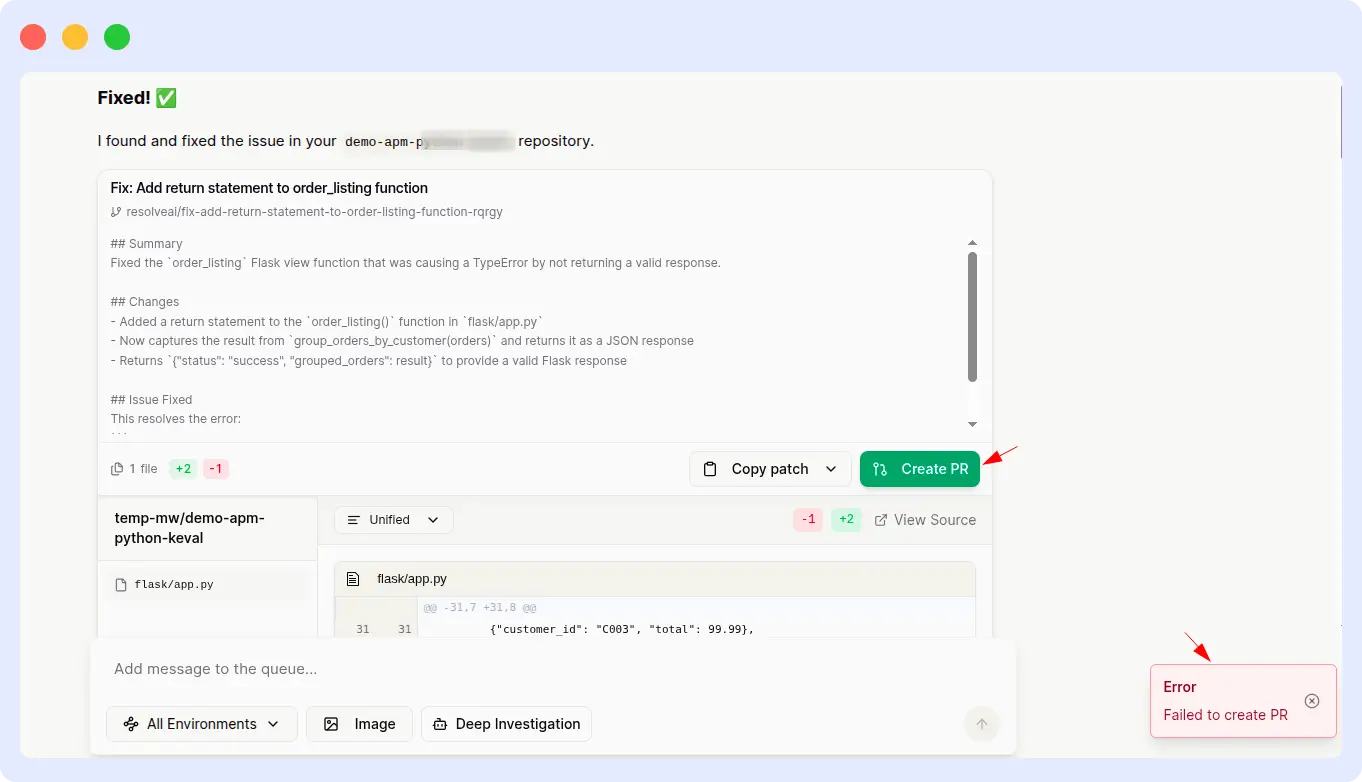 Resolve AI showing a Fixed confirmation for the PSP order_listing function with a Failed to create PR error message blocking the pull request from being opened
