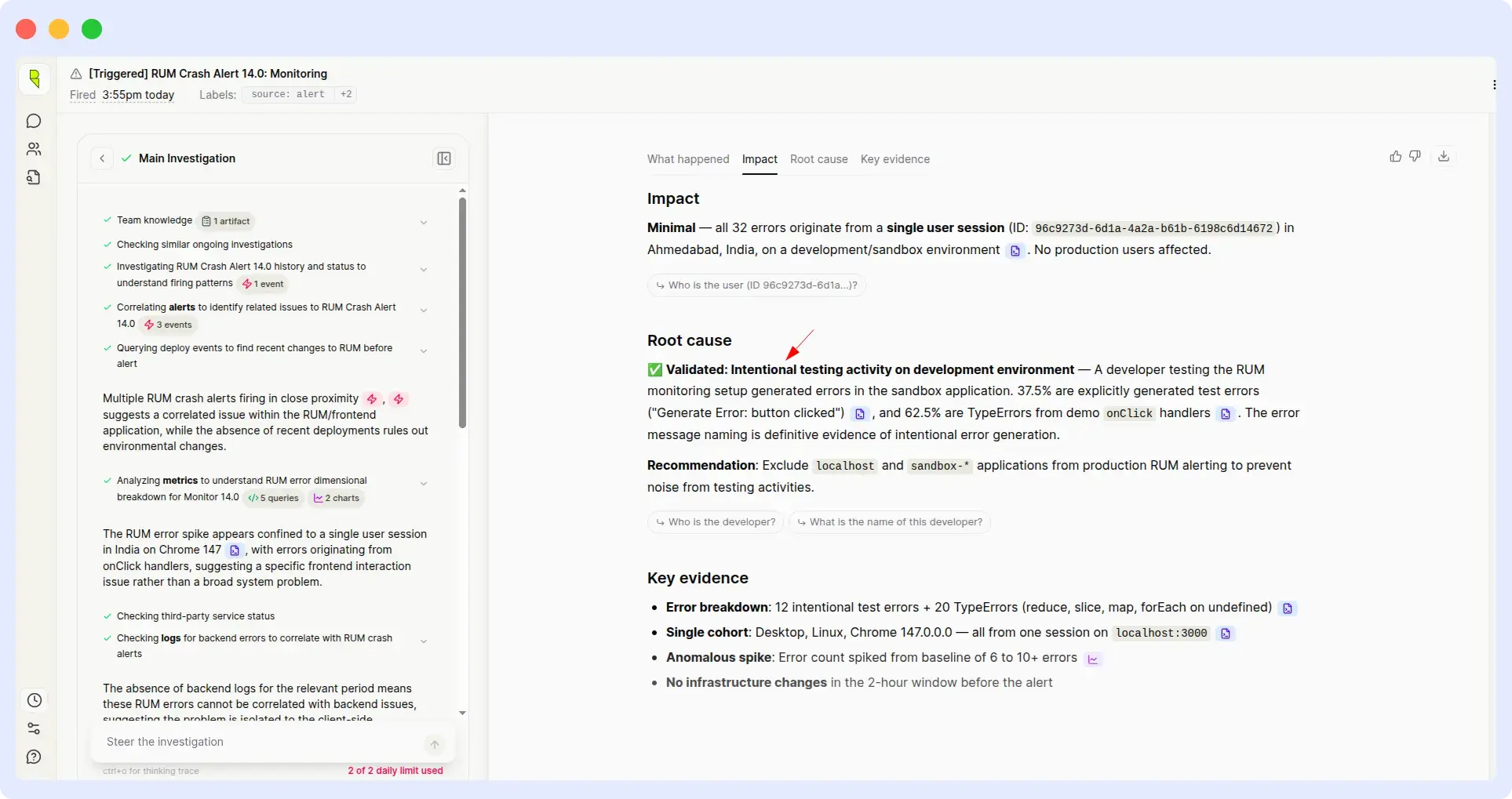 Resolve AI misclassifying a RUM application crash as intentional testing activity on a development environment, with no remediation steps provided and daily query limit reached