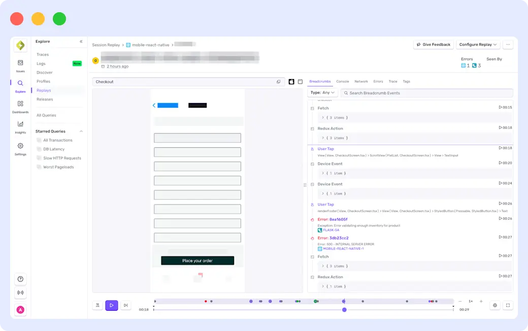 Sentry Real User Monitoring view highlighting session replay, error tracking, and performance monitoring
