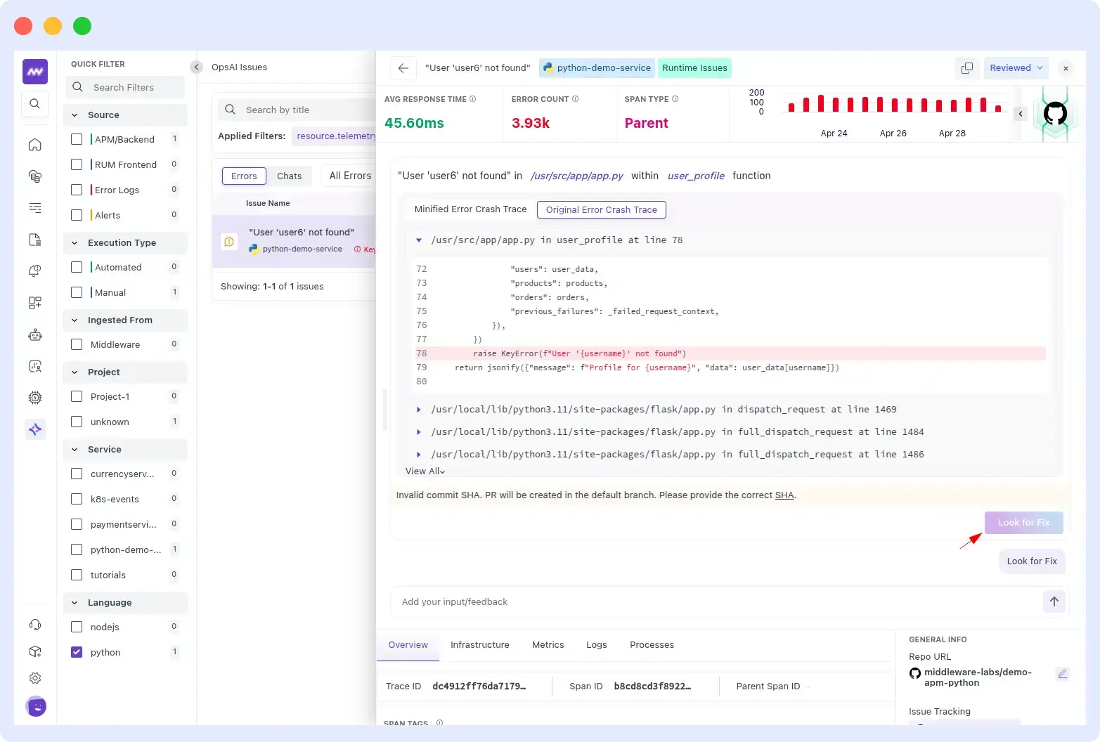 OpsAI investigation panel showing an active root cause analysis — alert payload on the left, correlated trace timeline in the center, generated pull request diff on the right, with confidence score displayed above the PR button.