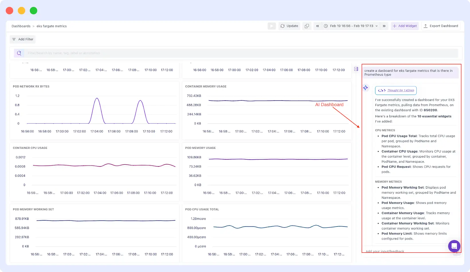 Middleware AI Dashboard Builder generating an EKS Fargate observability 
dashboard with widgets for pod CPU usage, memory working set, container 
memory usage, and network receive bytes grouped by PodName and Namespace
