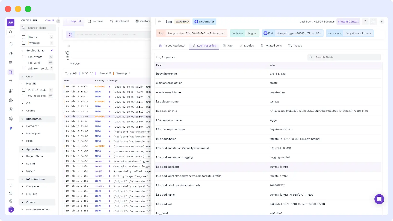 Middleware dashboard showing live logs and pod-level metrics from Amazon EKS 
Fargate workloads including pod name, namespace, container name, log level, 
and Kubernetes labels in the Log Explorer