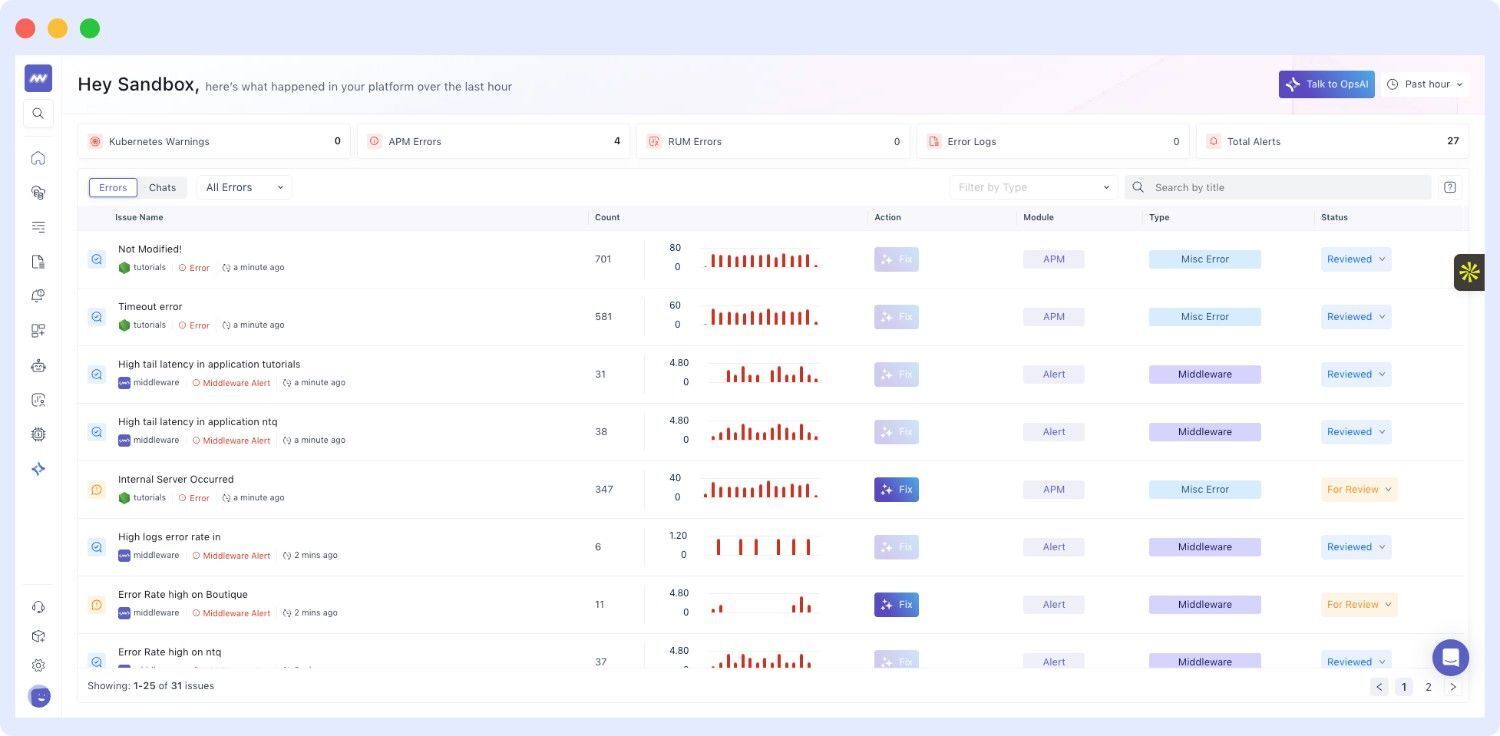 OpsAI AI dashboard default landing page showing errors, alerts, and integrated Grafana and Datadog alerts