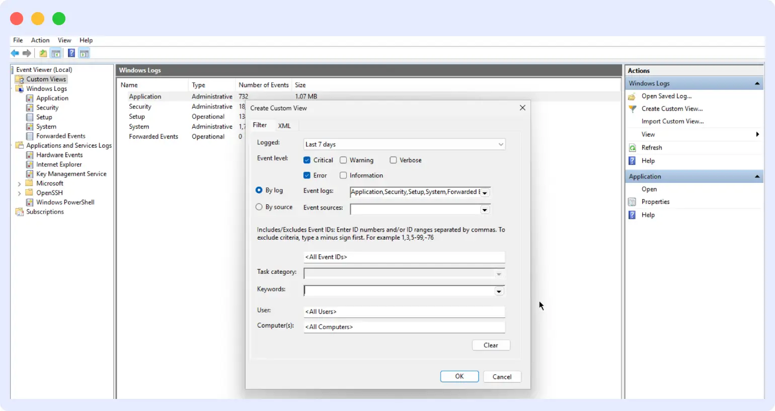 Creating custom views in Event Viewer