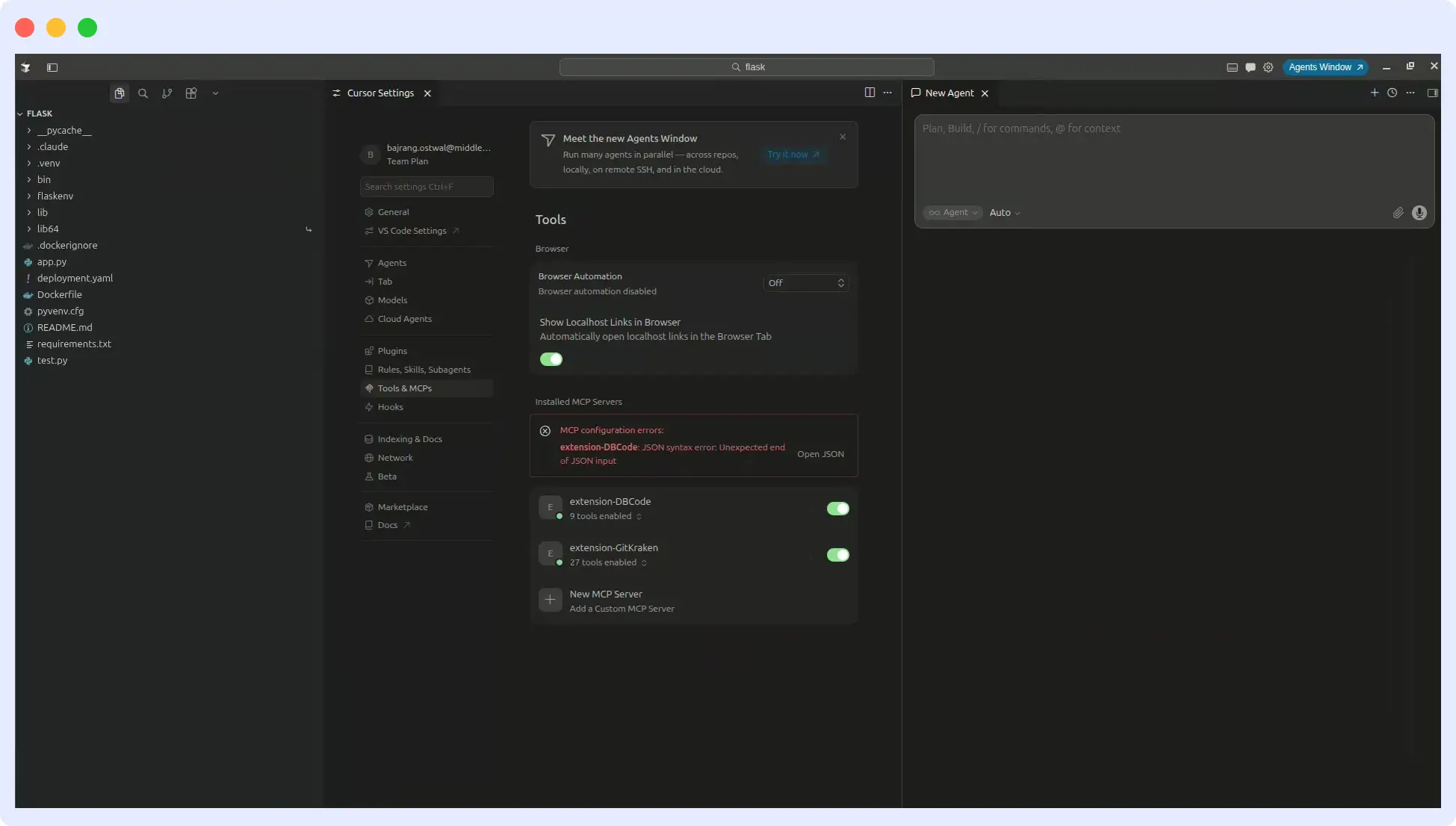 Cursor Settings with Middleware MCP installed