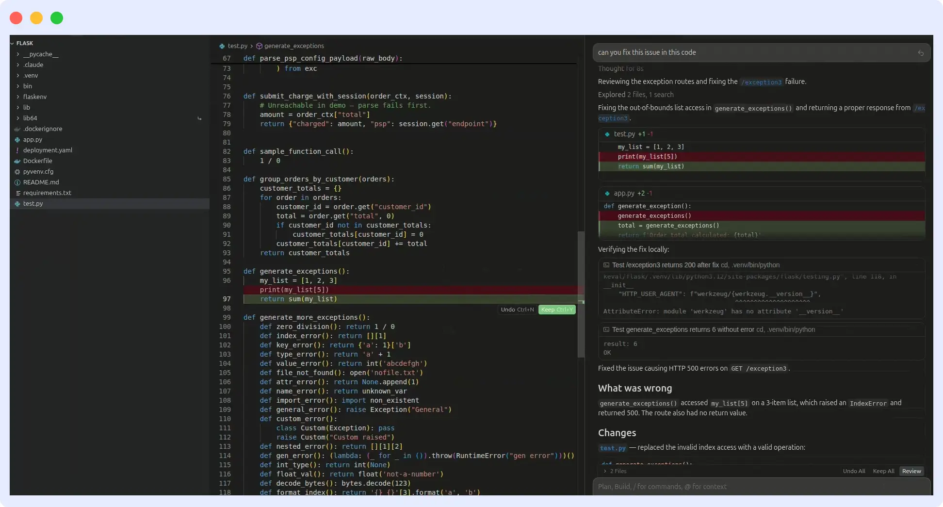 Cursor AI agent fixing a Python IndexError using Middleware MCP Server data showing code diff and fix