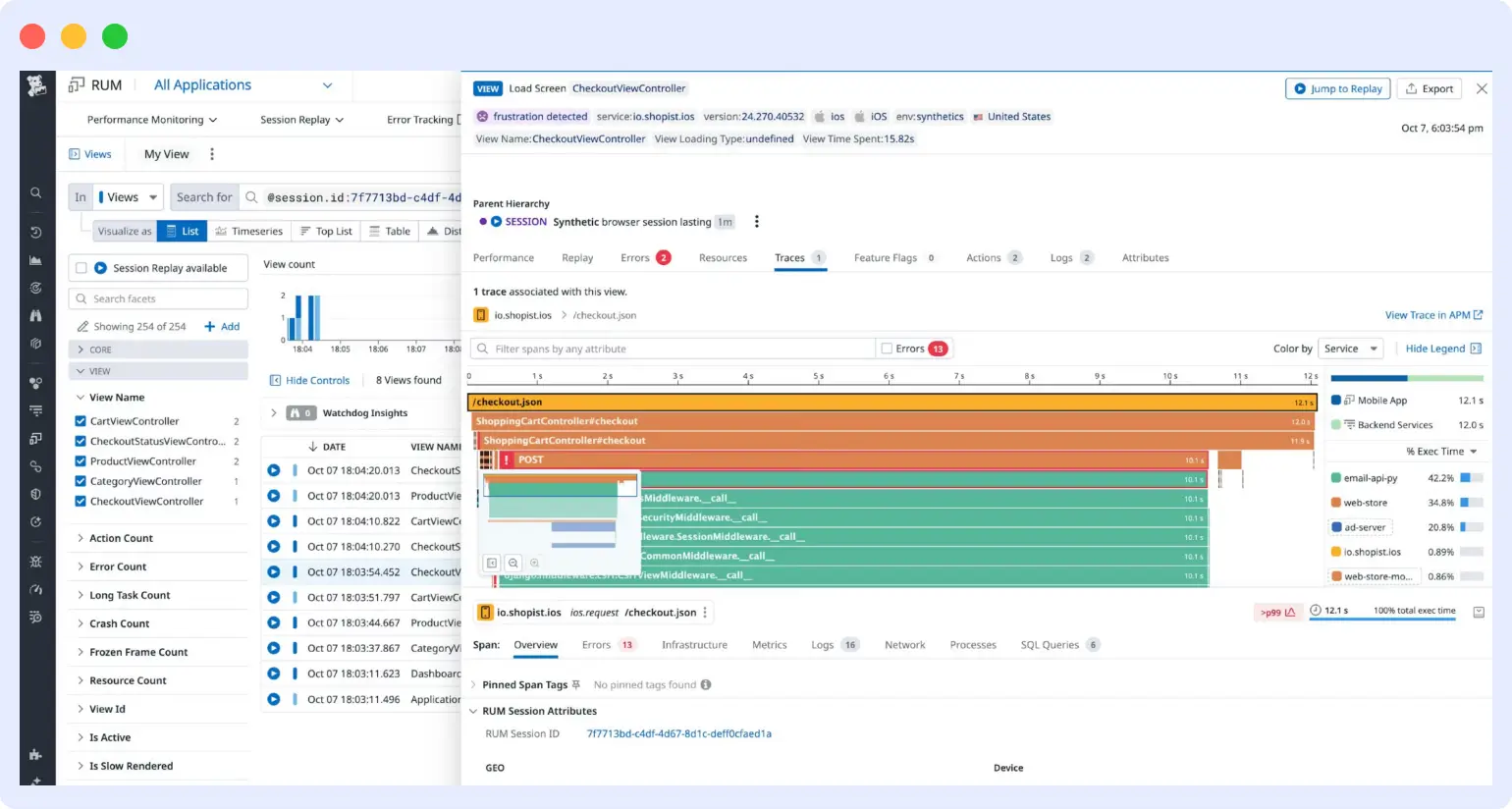Datadog APM distributed tracing view showing service map and span-level trace analysis