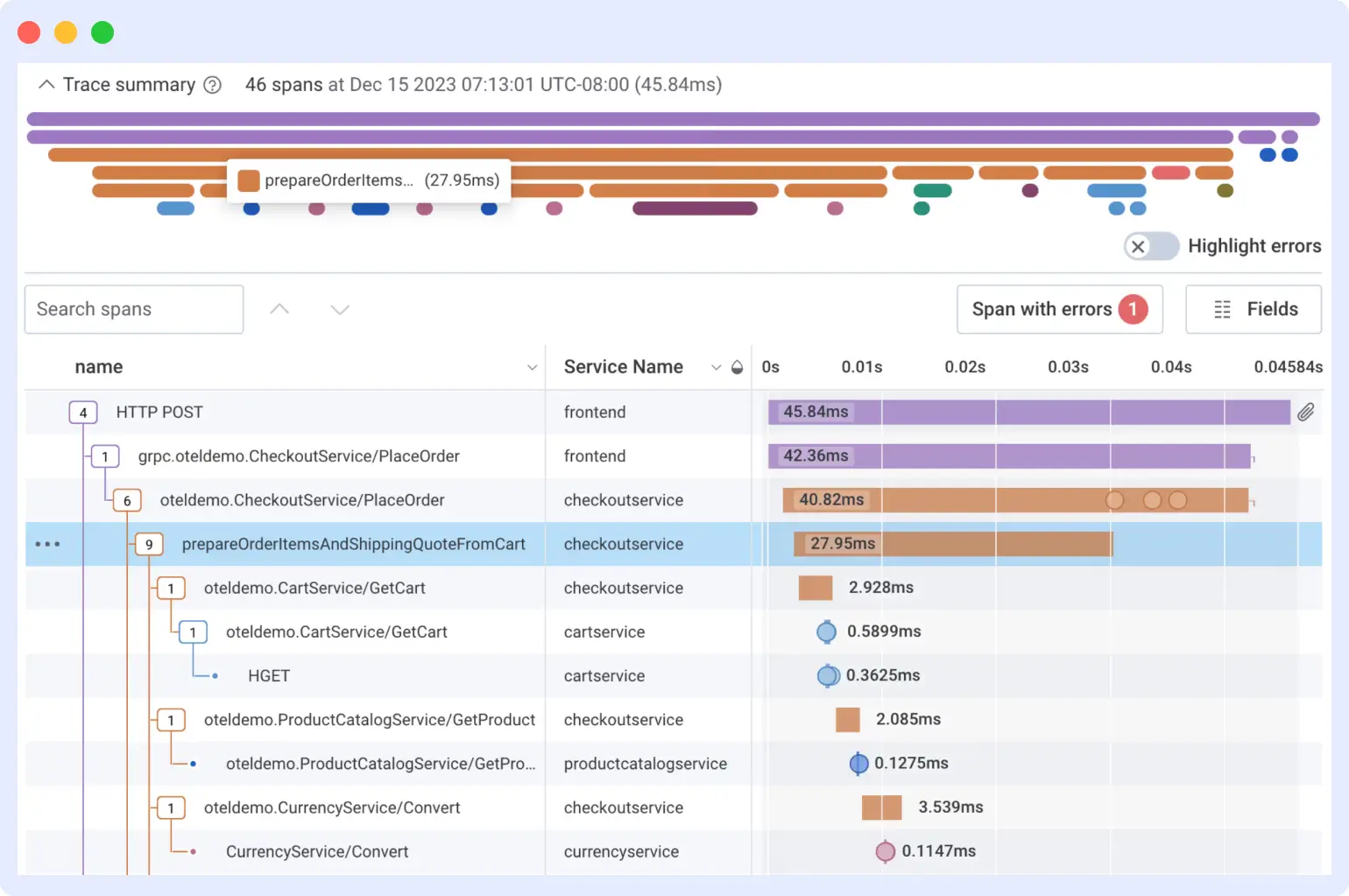 Honeycomb BubbleUp feature showing high-cardinality trace analysis with correlated attributes