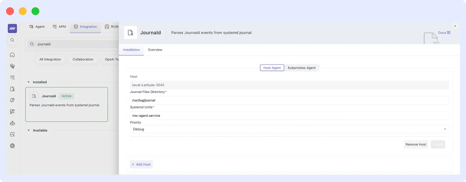 Journald integration UI