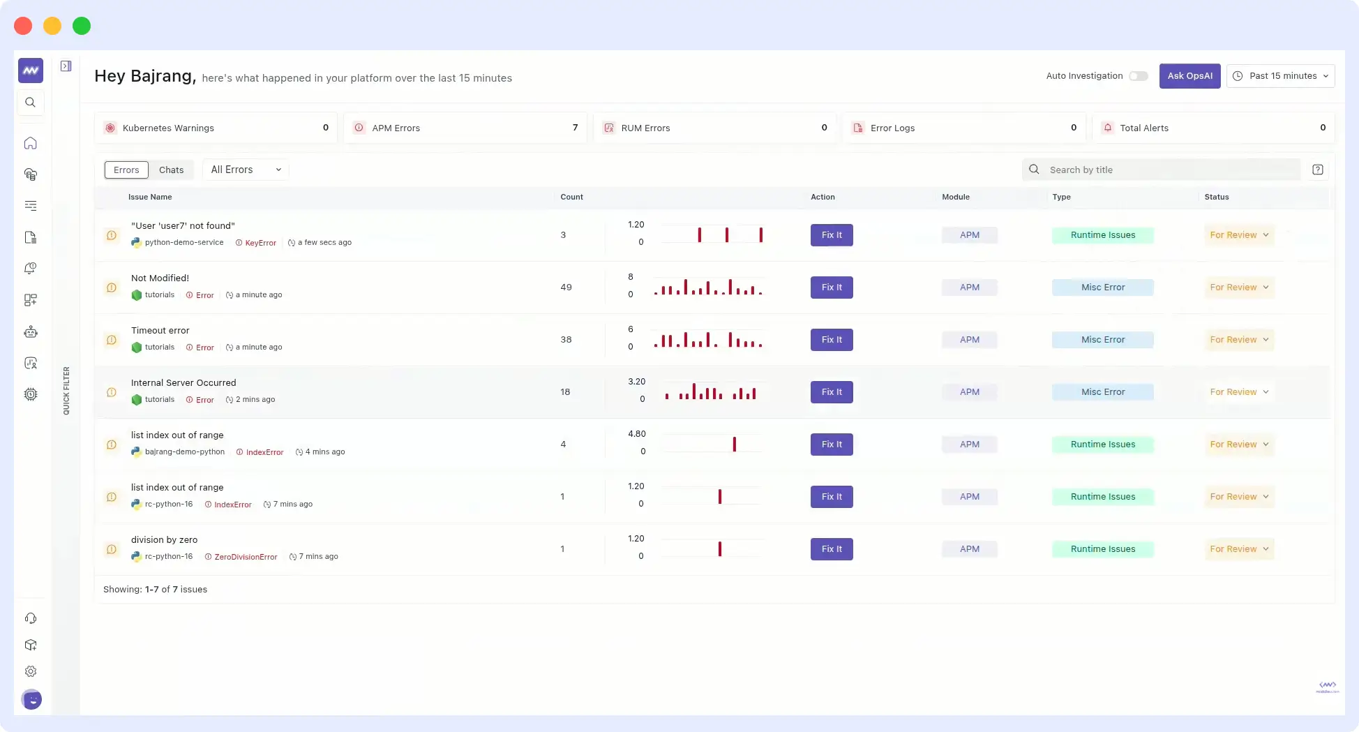 OpsAI error dashboard