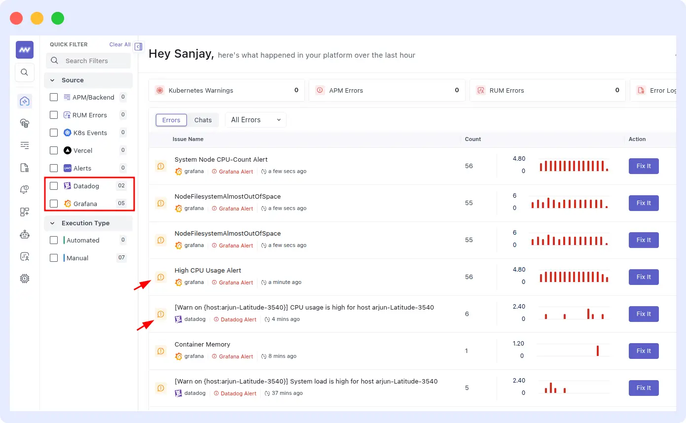 OpsAI ingesting alerts from Datadog and Grafana to perform automated investigations using existing observability data.
