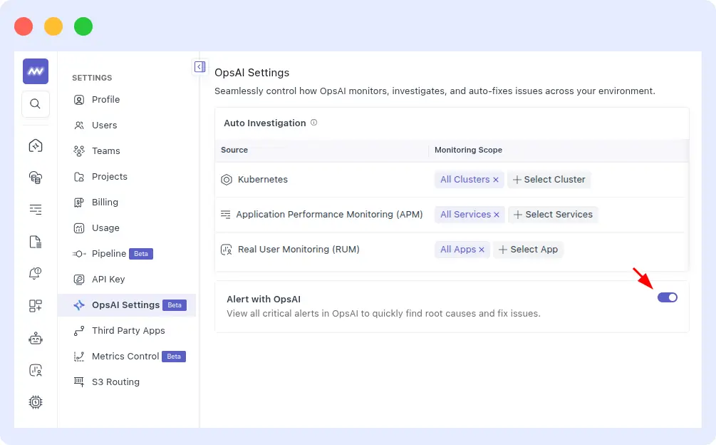 Middleware OpsAI settings page showing the Alert Ingestions option enabled to automatically ingest alerts for investigation.