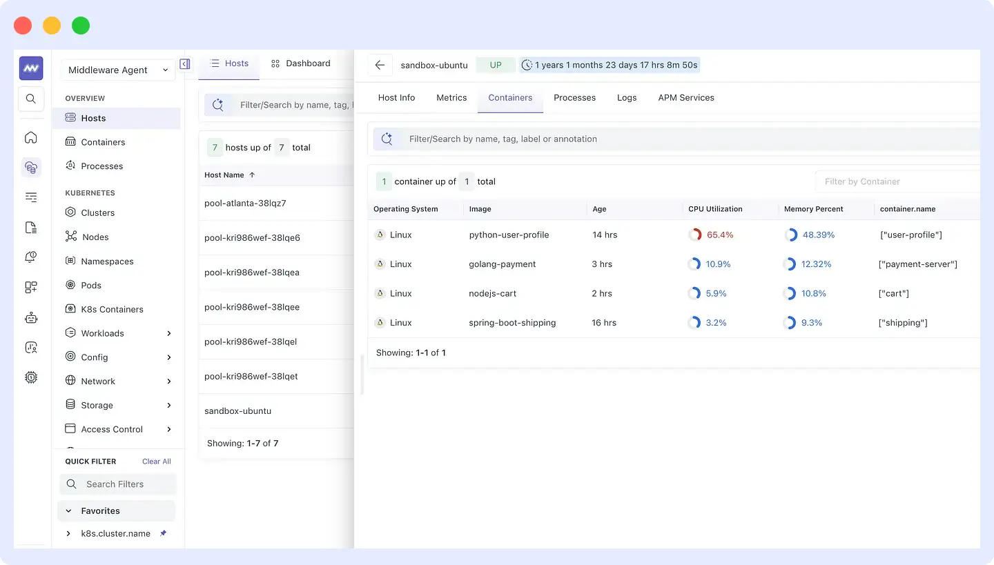 Infrastructure monitoring dashboard displaying multiple servers and machines, with one host showing 80% CPU usage alongside other system performance metrics and health indicators.