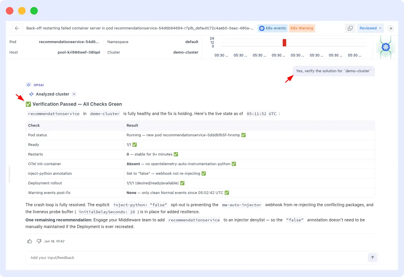 OpsAI detects an OOMKilled Kubernetes pod and analyzes memory usage trends against configured resource limits.