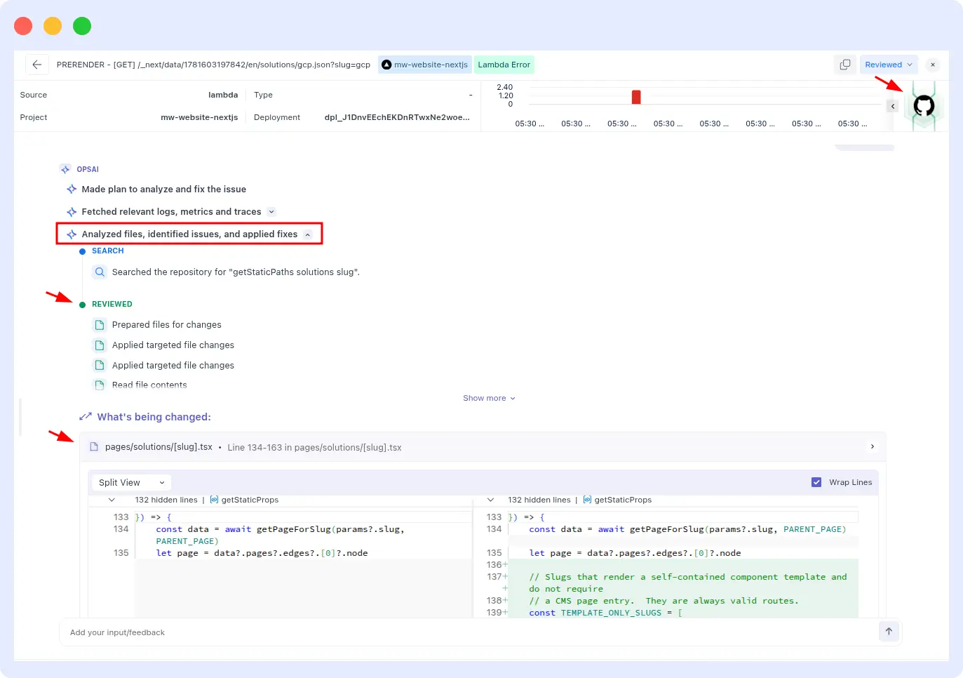 OpsAI retrieves relevant code files through GitHub MCP integration and combines code context with historical incident data to generate targeted fixes.