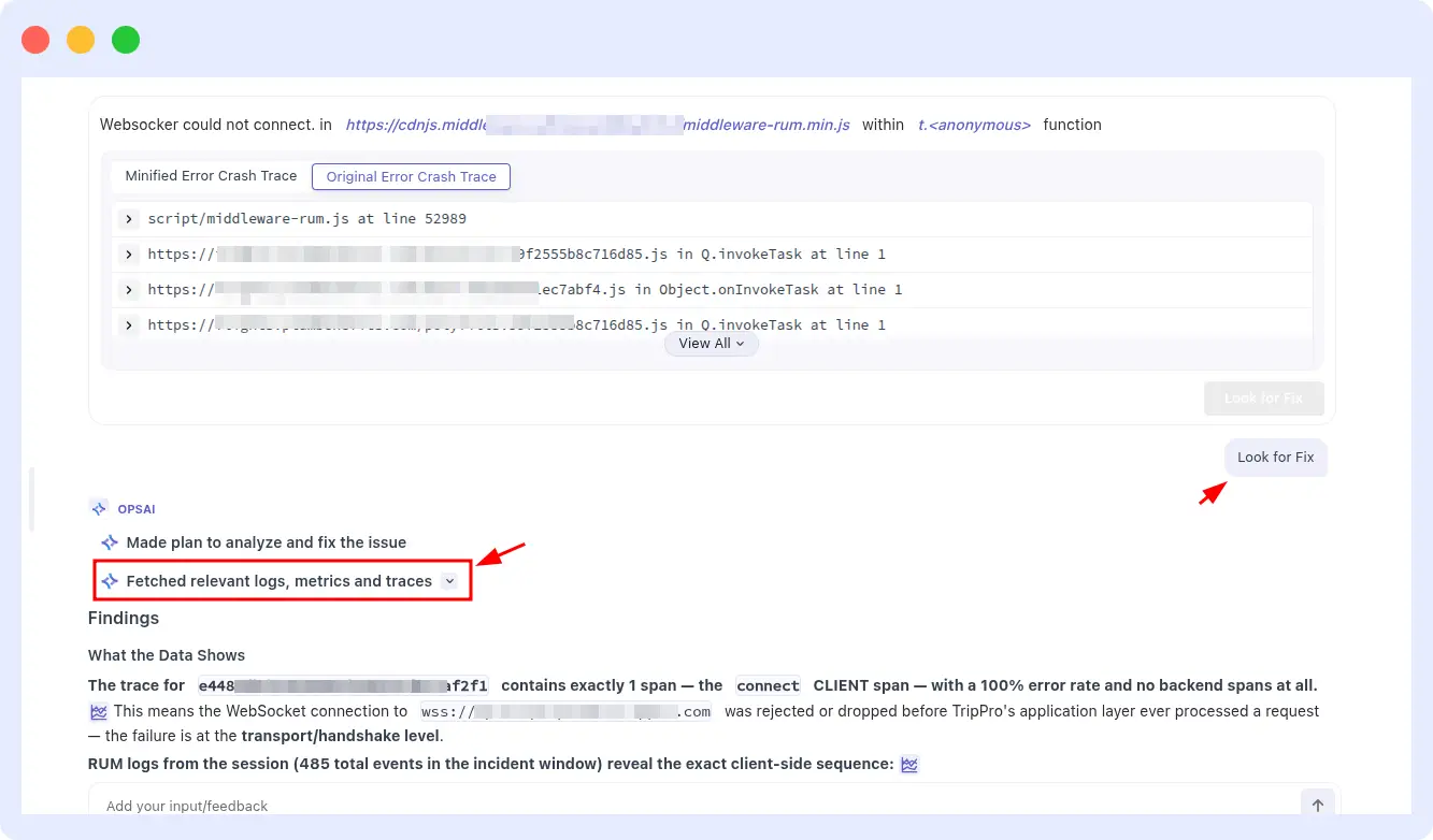 OpsAI identifies similar incident patterns and analyzes historical logs, metrics, traces, and previous resolutions to accelerate root cause analysis.