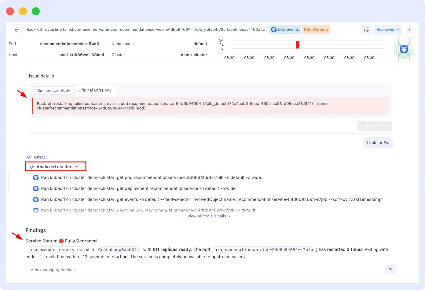 OpsAI detects recurring OOMKilled Kubernetes pod failures and identifies memory-related incident patterns before repeated restarts cause service disruption.