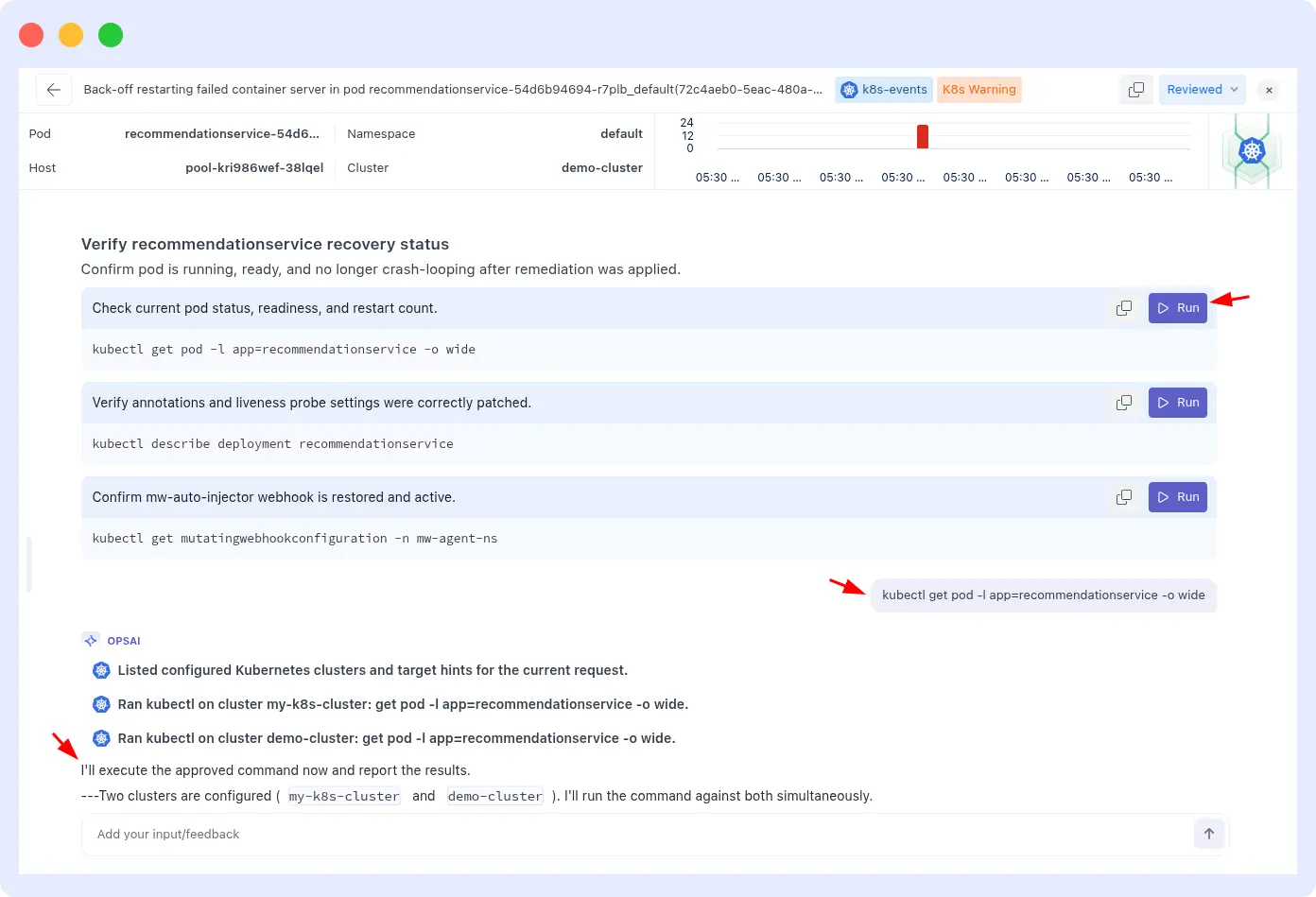 OpsAI correlates OOMKilled events, memory usage trends, and historical incidents to identify root causes and recommend fixes.