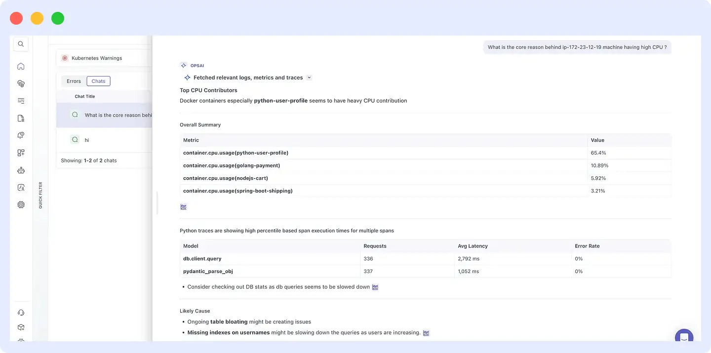 OpsAI analysis highlighting high CPU usage, slow database queries, and root cause identification in a Python service.