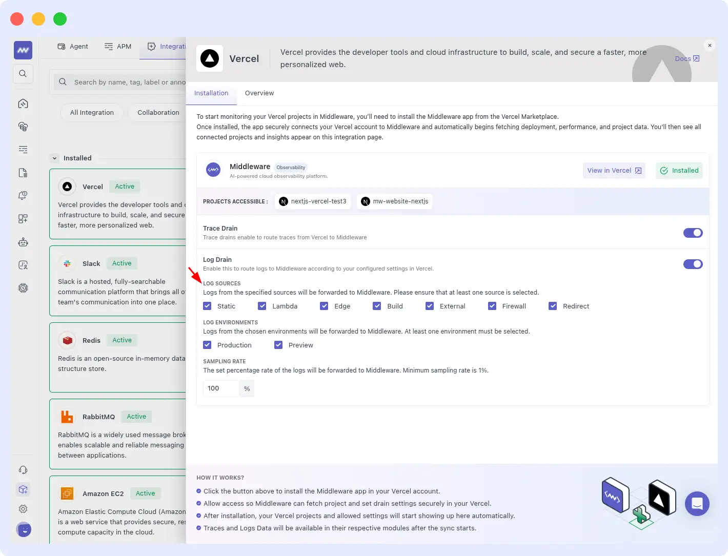 OpsAI importing Vercel Error and Fatal log sources for AI-powered incident detection and root cause analysis.