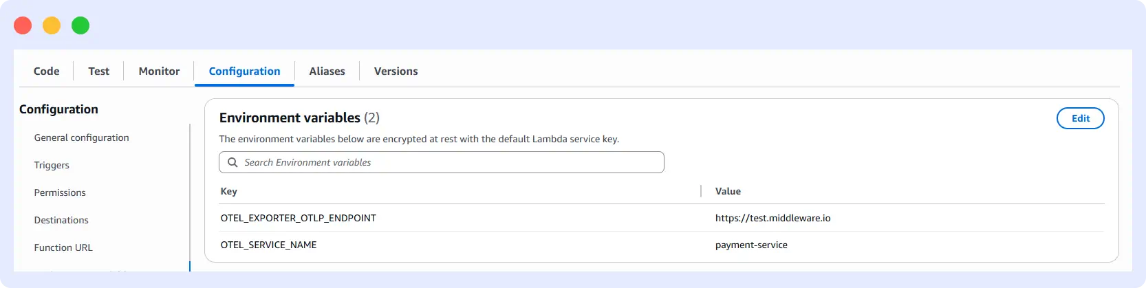 AWS Lambda environment variables configuration showing OTEL exporter endpoint and service name
