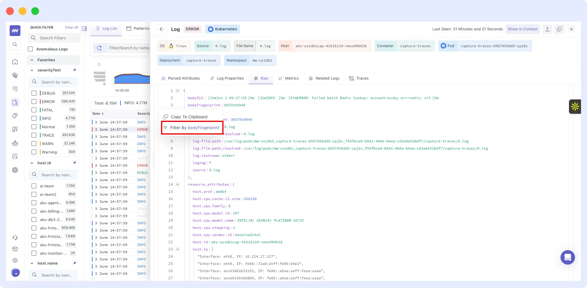 Log monitoring filter