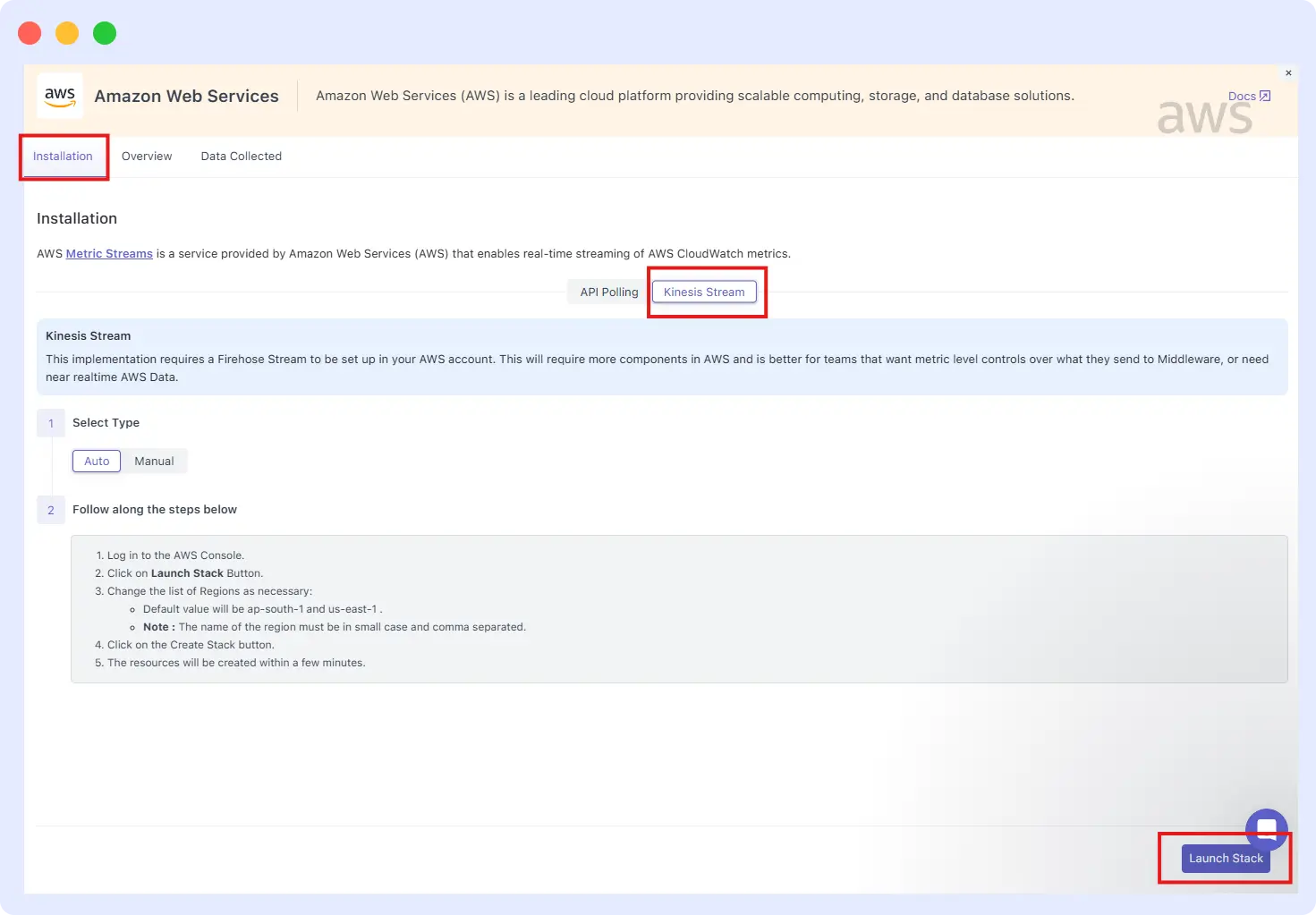 Middleware AWS integration setup screen with Kinesis Stream and Launch Stack button highlighted