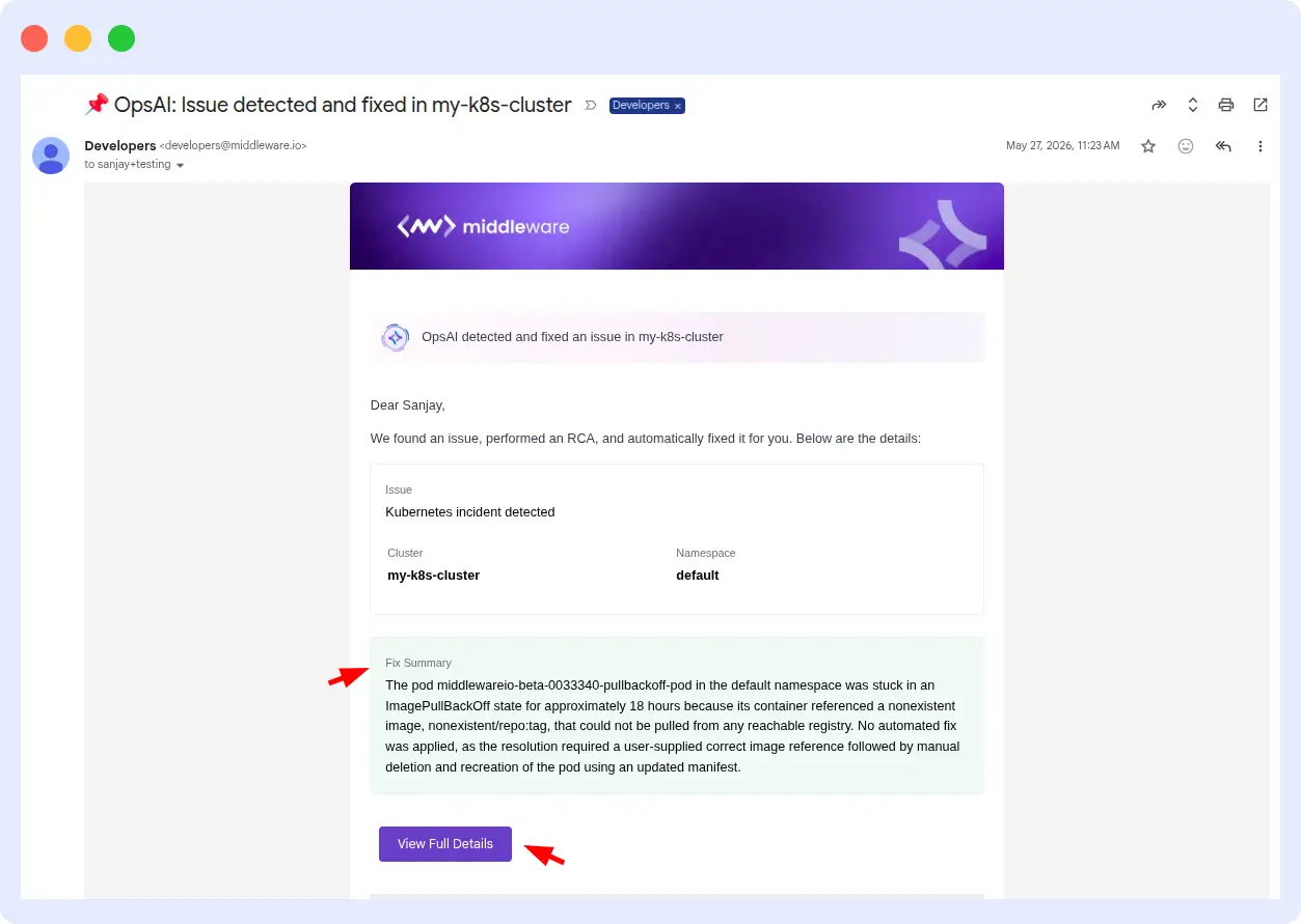Email notification from OpsAI showing a detected and automatically fixed Kubernetes incident with fix summary
