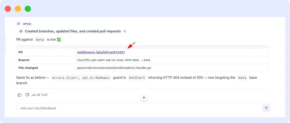 OpsAI pull request created against the beta branch with a code diff fixing a SQL no-rows error