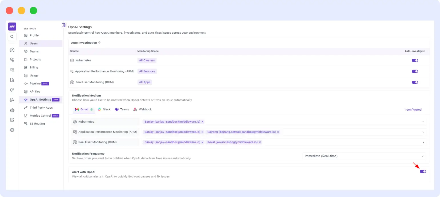 OpsAI settings showing alert ingestion and notification toggle enabled for critical alerts