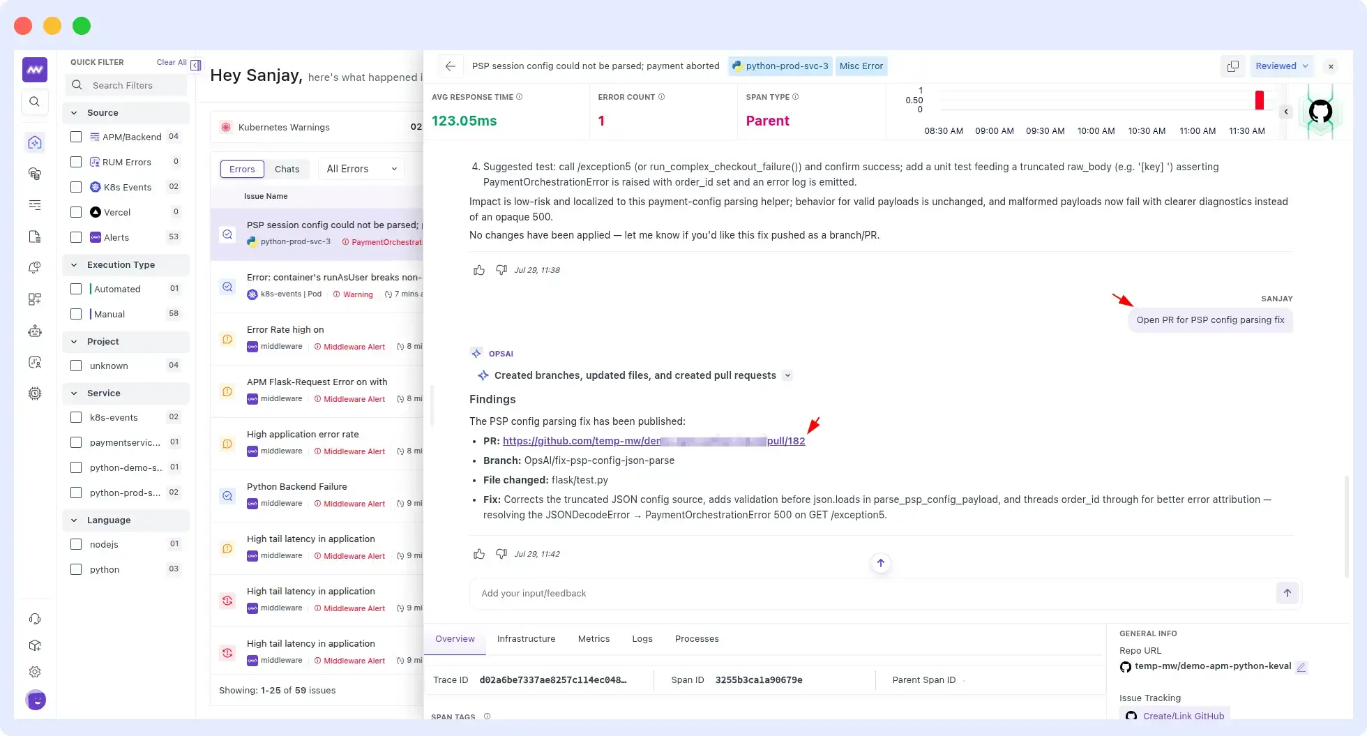 OpsAI creating a pull request with the proposed PSP config parsing fix and linking the GitHub PR