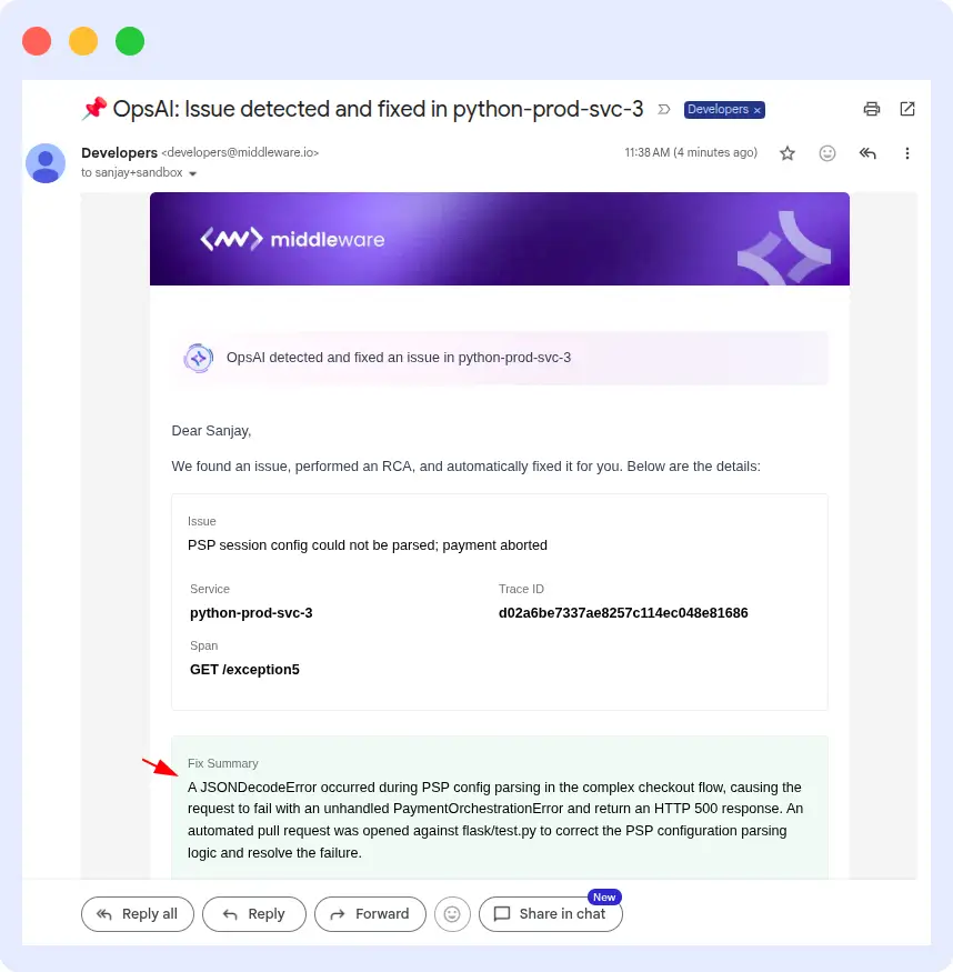 Email notification from OpsAI showing the detected issue, root cause, and automated fix summary