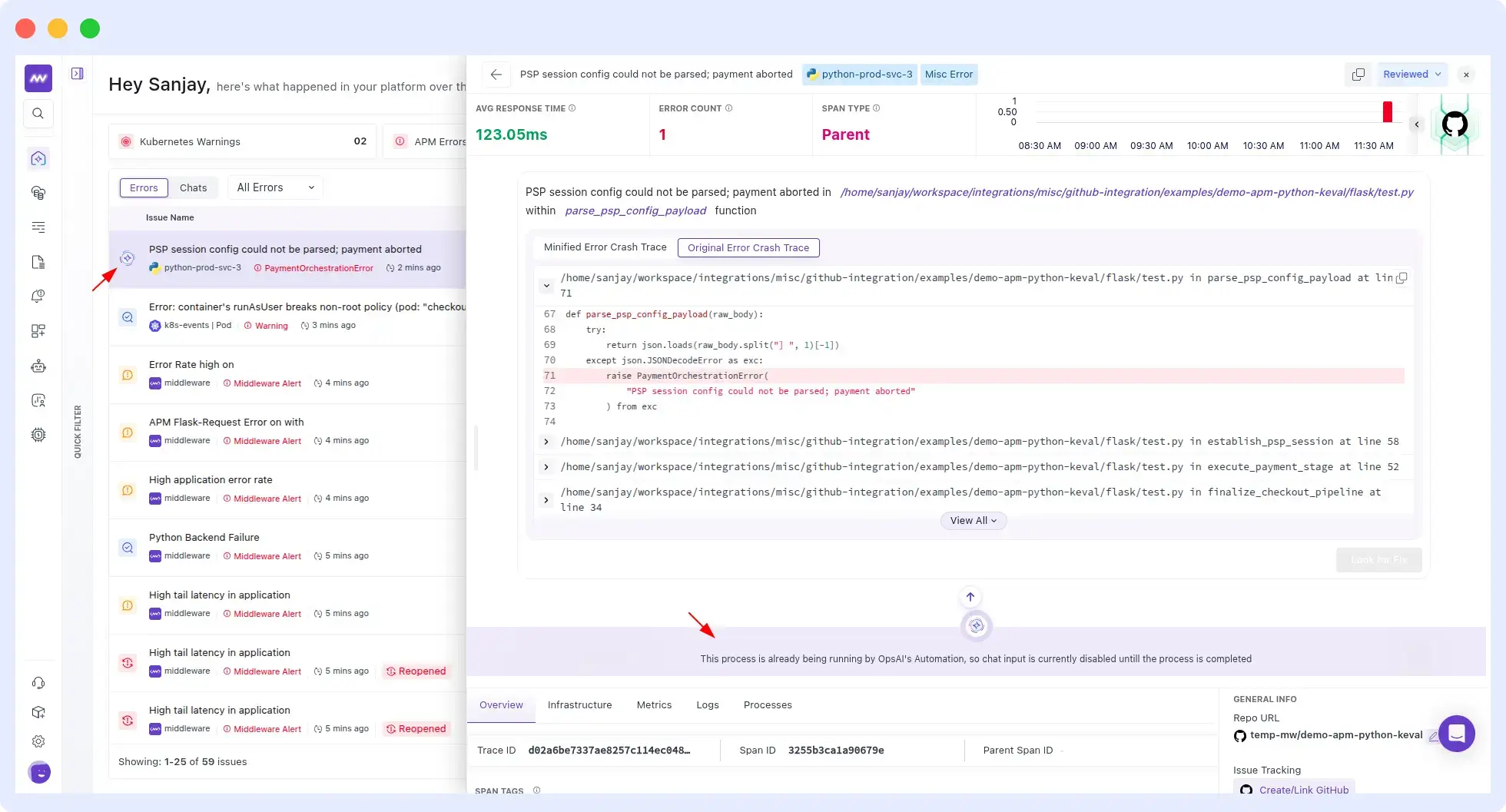 OpsAI APM automation view showing an error list and root cause investigation panel for a payment service incident