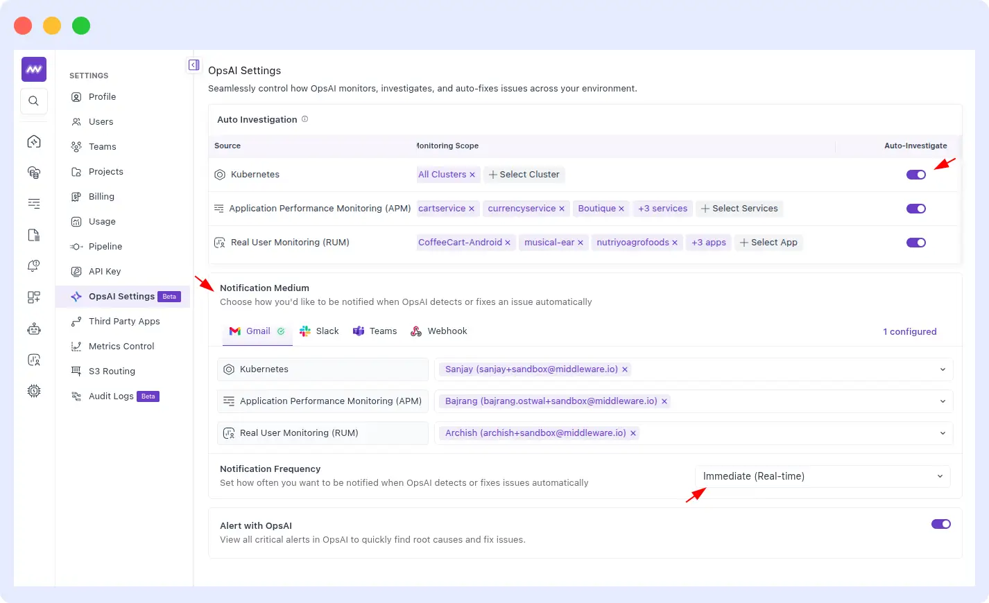 OpsAI Auto RCA settings page showing Kubernetes clusters, APM services, and RUM apps toggles with notification channel configuration