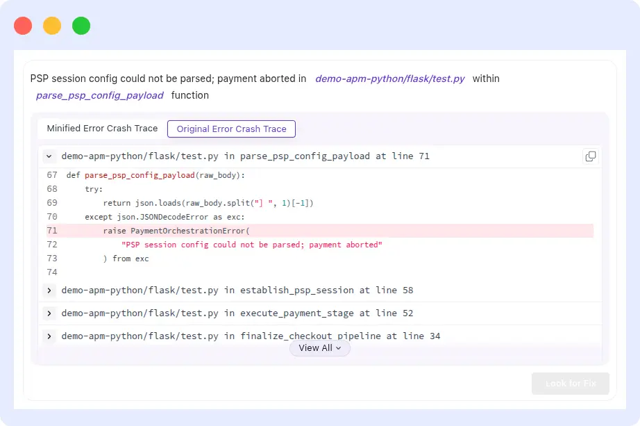OpsAI plain-language error summary showing the failing file, function, and line for a payment config parsing error