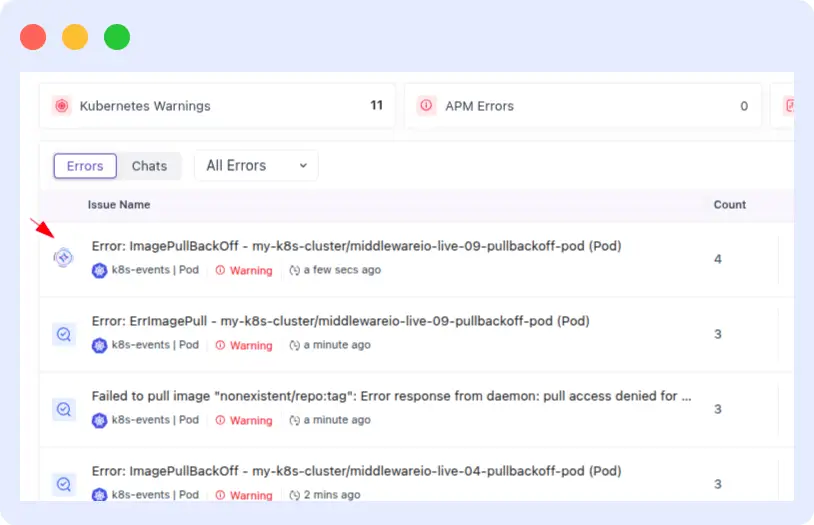 OpsAI Kubernetes Warnings list showing ImagePullBackOff and ErrImagePull events with timestamps