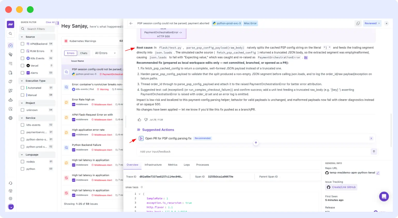 OpsAI root cause analysis showing the identified cause, recommended fix steps, and suggested action to open a PR
